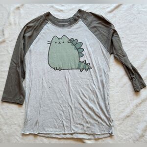 Pusheen Gray and Green Long Sleeve Tee with Playful Dino Graphic